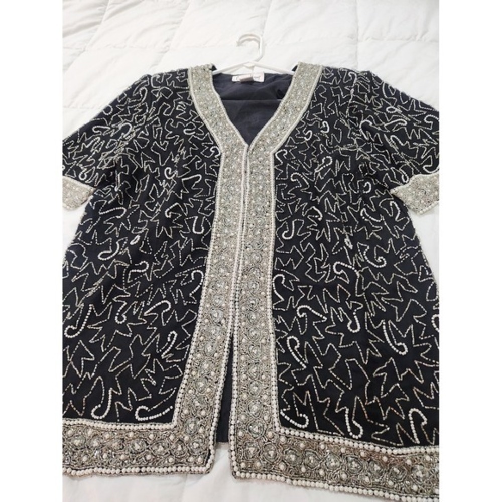 Laurence Kazar Beaded Pearls Evening Top 100% Silk Black White Size XL Tunic Vtg - Picture 9 of 11